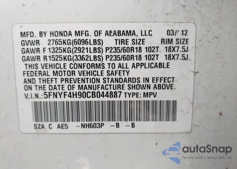 2012 Honda Pilot Touring from USA, damaged, VIN 5FNYF4H90CB044887